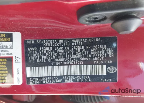 2014 Toyota Camry Se из США, поврежденный, VIN 4T1BF1FK6EU784055